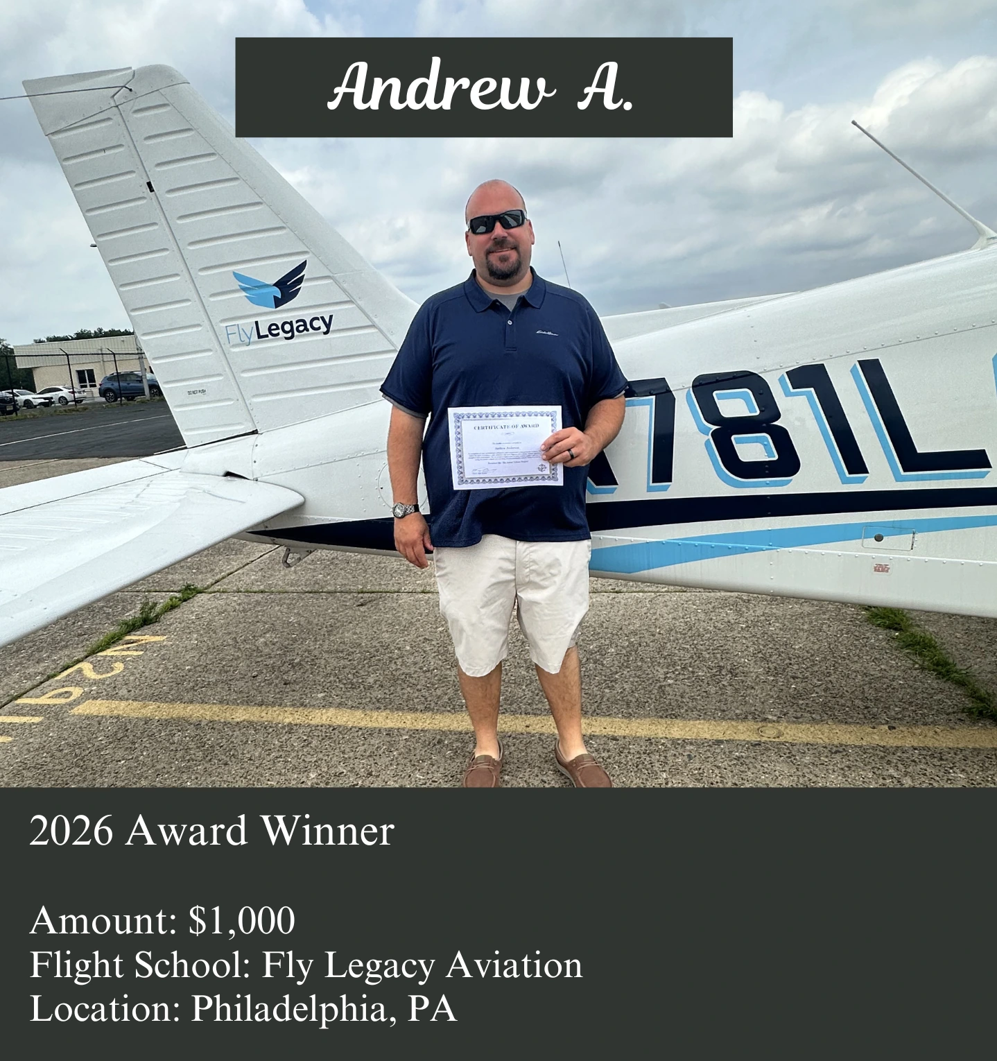 Andrew A., 2026 scholarship award winner at Fly Legacy Aviation