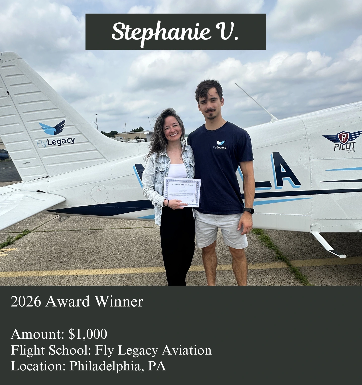 Stephanie V., 2026 scholarship award winner at Fly Legacy Aviation